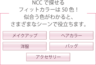 NCCで探せるフィットカラーは50色！似合う色がわかると、さまざまなシーンで役立ちます。　メイクアップ　ヘアカラー　洋服　バッグ　アクセサリー