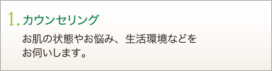 1. カウンセリング　お肌の状態やお悩み、生活環境などをお伺いします。
