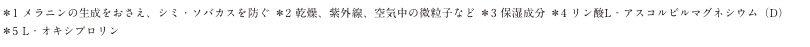 ＊1 メラニンの生成をおさえ、シミ・ソバカスを防ぐ ＊2 乾燥、紫外線、空気中の微粒子など ＊3 保湿成分 ＊4 リン酸L‐アスコルビルマグネシウム（D） ＊5 L‐オキシプロリン