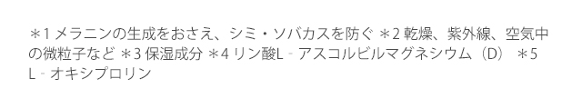 ＊1 メラニンの生成をおさえ、シミ・ソバカスを防ぐ ＊2 乾燥、紫外線、空気中の微粒子など ＊3 保湿成分 ＊4 リン酸L‐アスコルビルマグネシウム（D） ＊5 L‐オキシプロリン