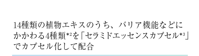 14種類の植物エキスのうち、バリア機能などにかかわる4種類＊2を「セラミドエッセンスカプセル＊3」でカプセル化して配合